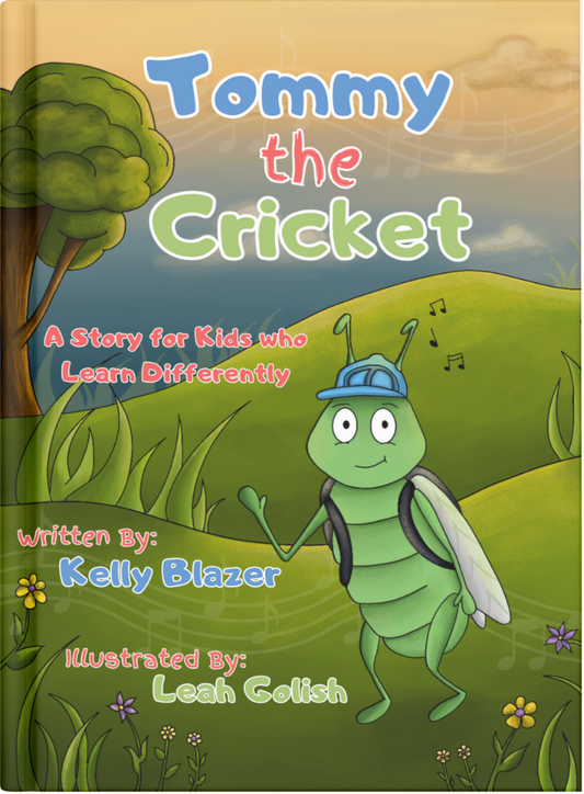 Book cover of 'Tommy the Cricket' with a cricket character and nature background
