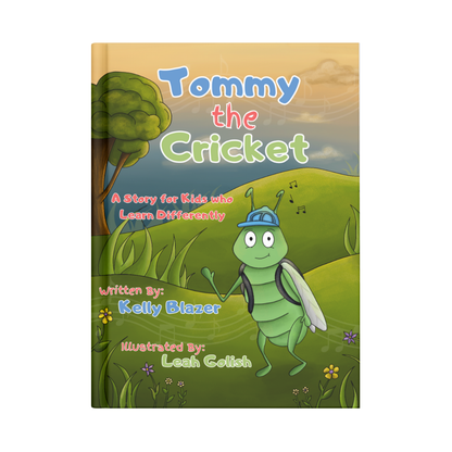 Book cover of 'Tommy the Cricket' with a cricket character on a green landscape background.